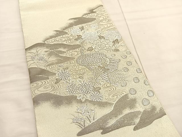 平和屋着物◎太鼓柄袋帯 綴れ 孔雀流水花文 プラチナ箔 正絹 逸品 未使用 BAAV1854hv