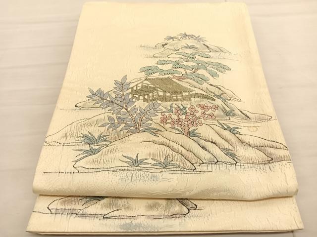 平和屋着物◎太鼓柄袋帯 手描き ふくれ織 風景文 正絹 逸品 BAAV1871hv