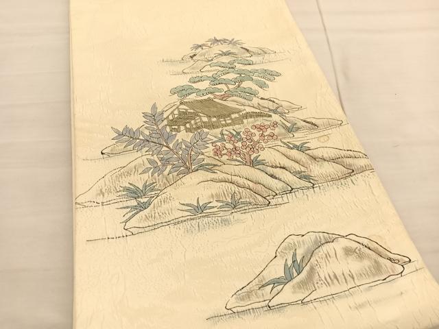 平和屋着物◎太鼓柄袋帯 手描き ふくれ織 風景文 正絹 逸品 BAAV1871hv