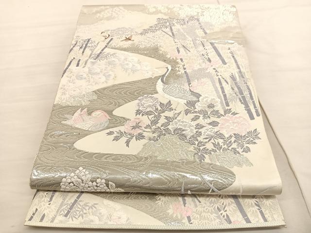 平和屋着物◎六通柄袋帯 唐織 鶴鴛鴦花文 九百錦 プラチナ箔 正絹 逸品 BAAV1893hv