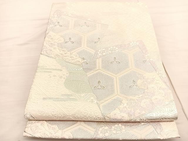 平和屋着物◎六通柄袋帯 唐織 色紙重ね亀甲花文 銀糸 正絹 逸品 BAAV1899hv