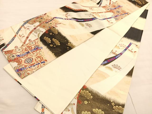 平和屋着物◎六通柄袋帯 唐織 几帳飛鶴有職花文 金銀糸 正絹 逸品 BAAV1904hv