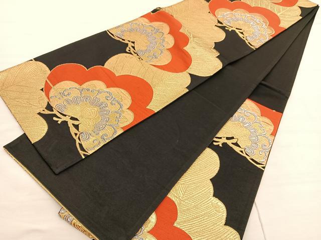 平和屋着物◎六通柄袋帯 松花文 黒地 金銀糸 正絹 逸品 BAAV1969hv