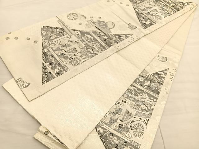 平和屋着物◎両面 六通柄袋帯 唐織 几帳御所車花文 銀糸 正絹 逸品 BAAV1975hv
