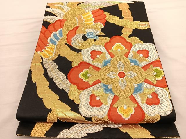 平和屋着物◎西陣 六通柄袋帯 唐織 鳳凰花文 黒地 金銀糸