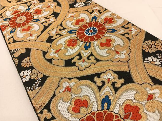 平和屋着物◎六通柄 本袋帯 唐織 錦華織 正倉院 黒地 金糸 正絹 逸品 BAAV2683hj
