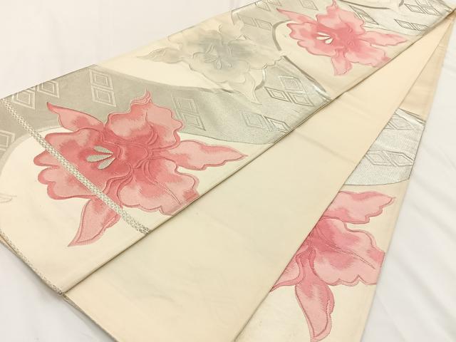平和屋着物◎六通柄袋帯 唐織 カトレア 銀糸 正絹 逸品 BAAV2710hj