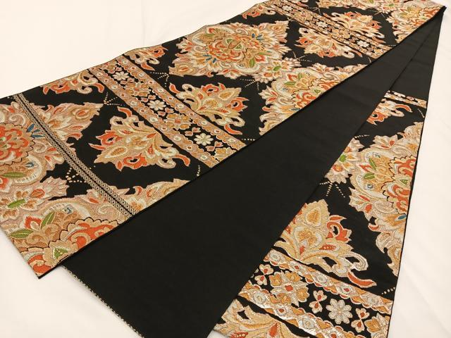 平和屋着物◎六通柄 本袋帯 宝相華 黒地 金糸 BAAV2716hj