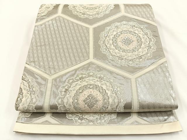 正絹　袋帯　六通柄　唐織　銀糸　正倉院華文 平和屋着物◎六通柄袋帯 唐織 正倉院花鳥華文 金銀糸 正絹 逸品