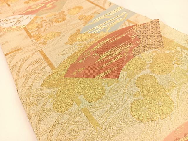 平和屋着物◎六通柄袋帯 刻絑織 地紙花文 金糸 金通し地 正絹 逸品 BAAV2785hj