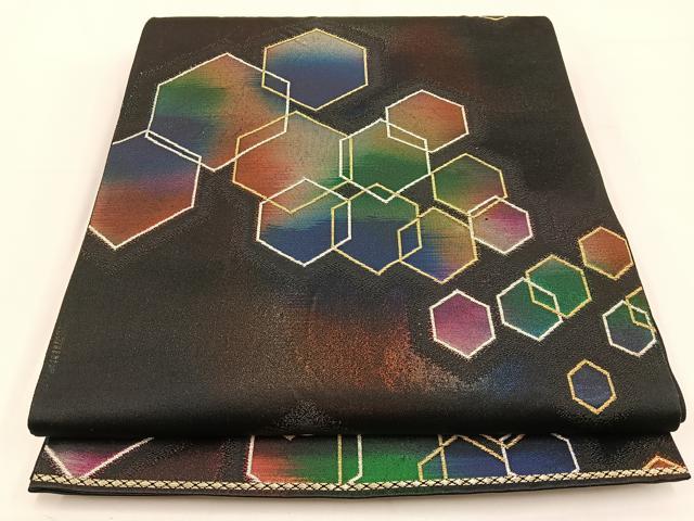 平和屋着物◎六通柄袋帯 亀甲文様 黒地 金銀糸 引箔 正絹 逸品 BAAV2797hj