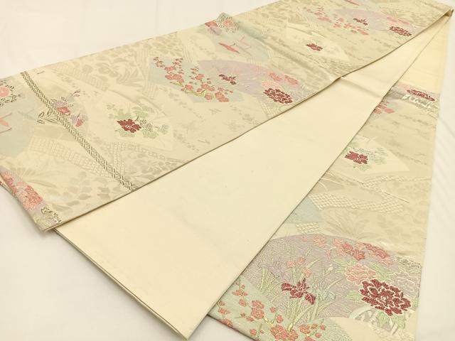 平和屋着物◎六通柄袋帯 唐織 地紙飛鶴花文 金銀糸 正絹 逸品 BAAV2805hj