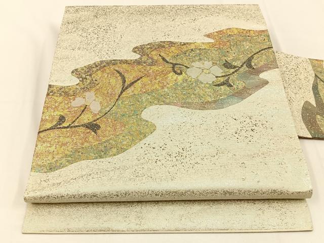 平和屋着物◎九寸名古屋帯 草花文 金銀彩 引箔 正絹 逸品 BAAV2821hj
