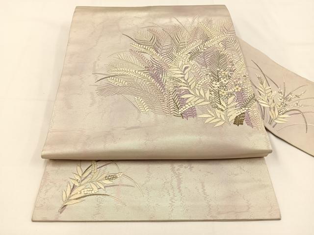 平和屋着物◎九寸名古屋帯 総刺繍 草花文 銀糸 引箔 正絹 逸品 BAAV2825hj