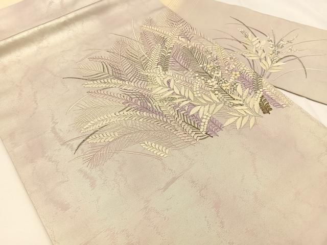 平和屋着物◎九寸名古屋帯 総刺繍 草花文 銀糸 引箔 正絹 逸品 BAAV2825hj
