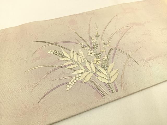 平和屋着物◎九寸名古屋帯 総刺繍 草花文 銀糸 引箔 正絹 逸品 BAAV2825hj