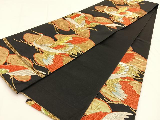 平和屋着物◎六通柄袋帯 唐織 飛鶴松文 黒地 金銀糸 正絹 逸品 BAAV2828hj