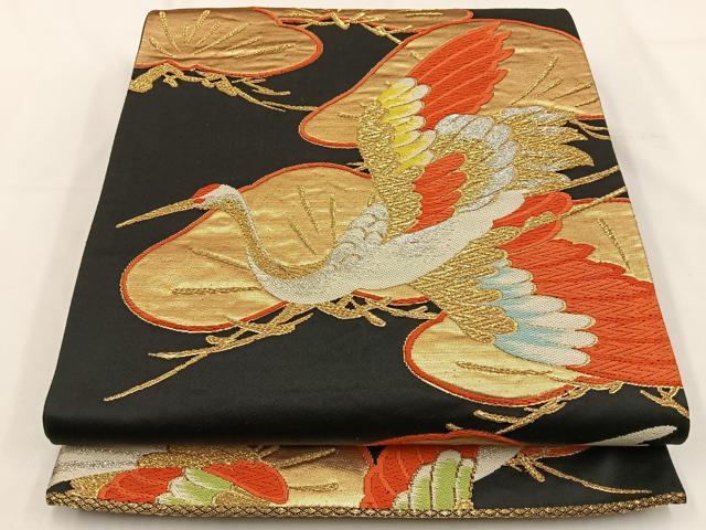 平和屋着物◎六通柄袋帯 唐織 飛鶴松文 黒地 金銀糸 正絹 逸品 BAAV2828hj