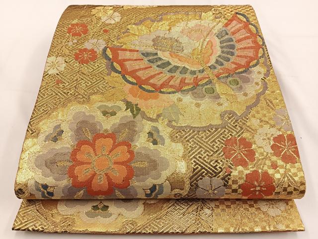 平和屋着物◎本佐賀錦 六通柄袋帯 雪輪花蝶文 金糸 正絹 逸品 BAAV2832hj