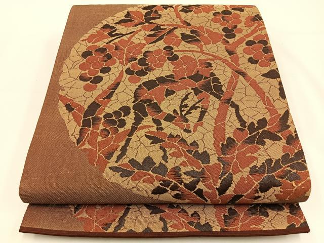 平和屋着物◎六通柄袋帯 鹿 葡萄蔦の葉文 正絹 逸品 BAAV2833hj