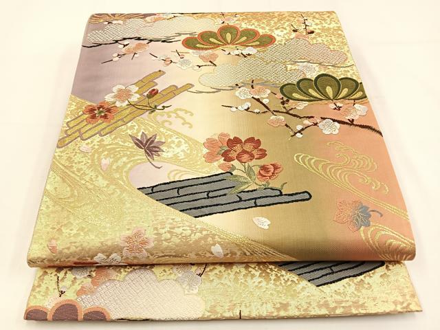 平和屋着物◎六通柄袋帯 唐織 花筏 金糸 正絹 逸品 BAAV2839hj