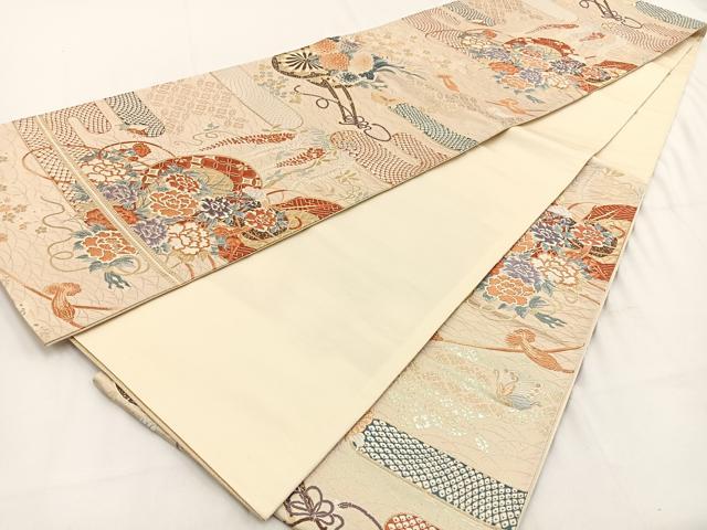 平和屋着物◎六通柄袋帯 唐織 鼓錦花車文 金糸 正絹 逸品 BAAV2842hj