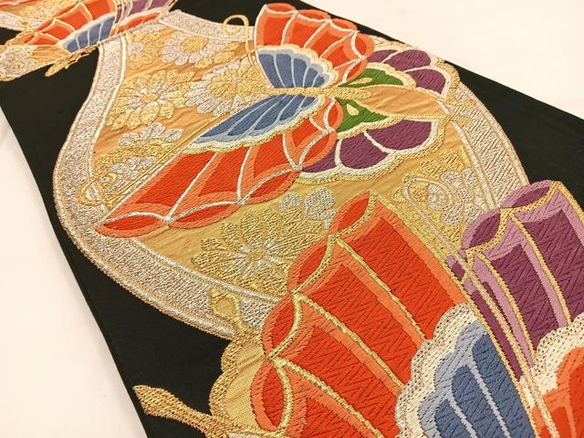 平和屋着物◎六通柄袋帯 唐織 立涌花蝶文 黒地 金銀糸 正絹 逸品 BAAV2843hj