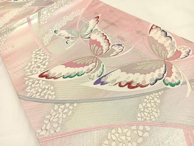 平和屋着物◎六通柄袋帯 舞蝶文 銀糸 正絹 逸品 BAAV2854hj