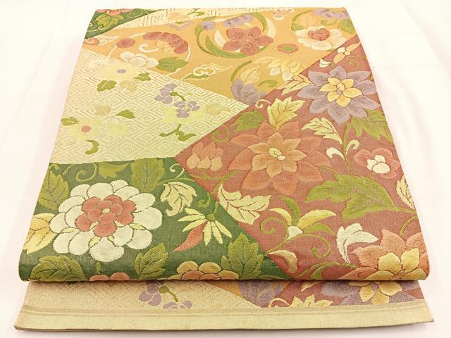 平和屋着物◎六通柄袋帯 切嵌花文 金糸 正絹 逸品 BAAV2892hj
