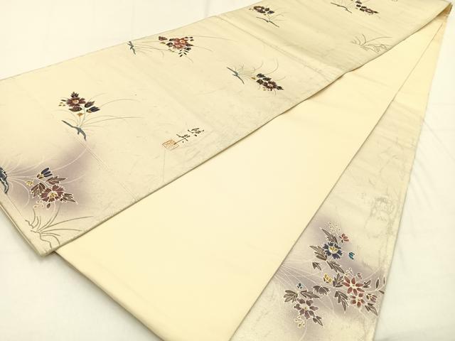平和屋着物◎六通柄袋帯 作家物 草花文 銀彩 引箔 正絹 逸品 BAAV2924hj
