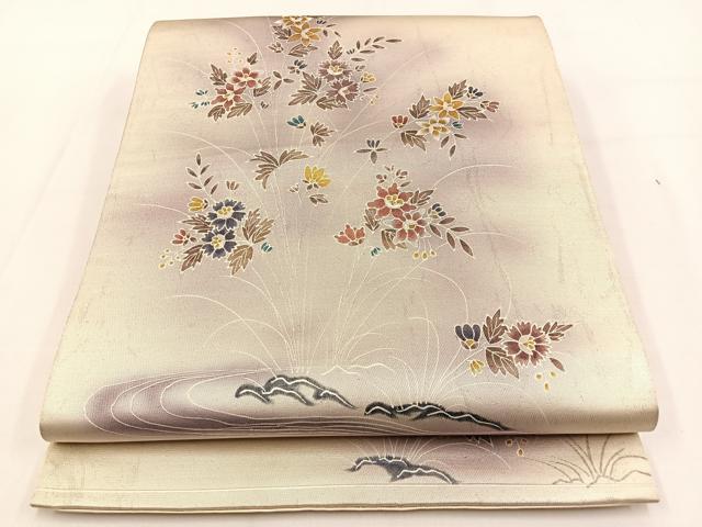 平和屋着物◎六通柄袋帯 作家物 草花文 銀彩 引箔 正絹 逸品 BAAV2924hj