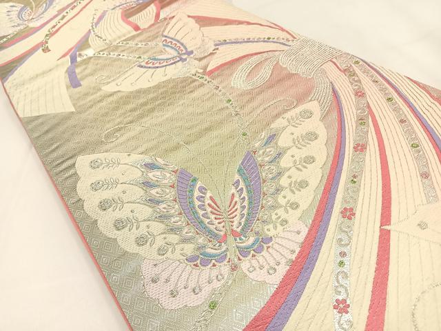 平和屋着物◎六通柄袋帯 唐織 束ね熨斗舞蝶文 銀糸 正絹 逸品 BAAV2928hj