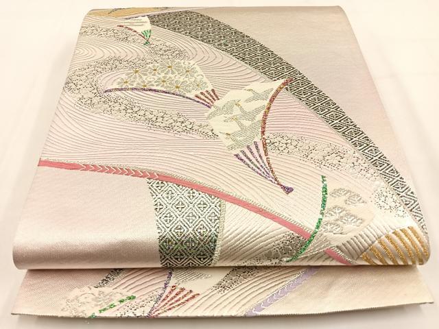 平和屋着物◎六通柄袋帯 飛鶴扇面花文 金銀糸 正絹 逸品 BAAV2933hj