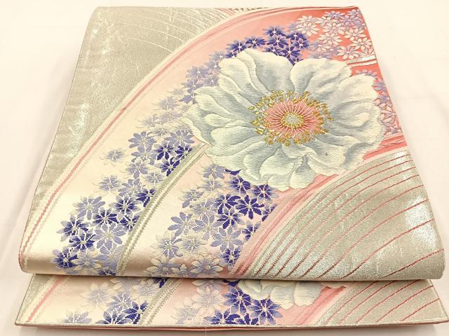 平和屋着物◎六通柄袋帯 銀綴れ 花 正絹 逸品 BAAV2936hj