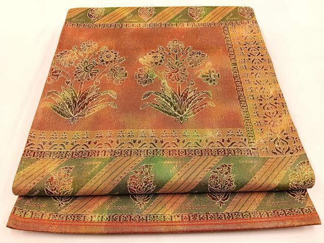 平和屋着物◎六通柄袋帯 更紗花文 引箔 正絹 逸品 BAAV2967hj