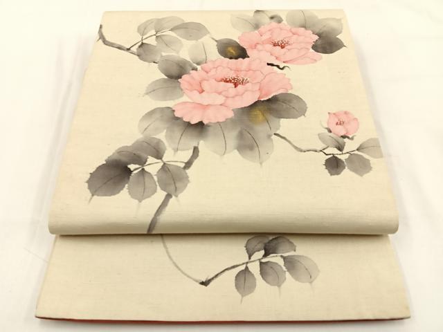 平和屋着物●六通柄 京袋帯 手描き 紬地 枝牡丹 金彩 正絹 逸品 BAAV2975hj