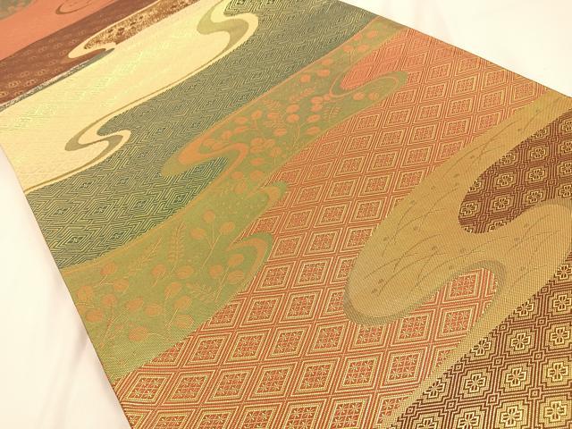 平和屋着物◎佐賀錦 両面 六通柄袋帯 エ霞萩文 金糸 正絹 逸品 BAAV2976hj
