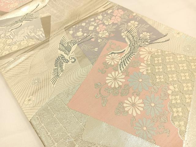平和屋着物◎六通柄袋帯 唐織 色紙重ね飛鶴花文 金銀糸 正絹 逸品 BAAV2989hj