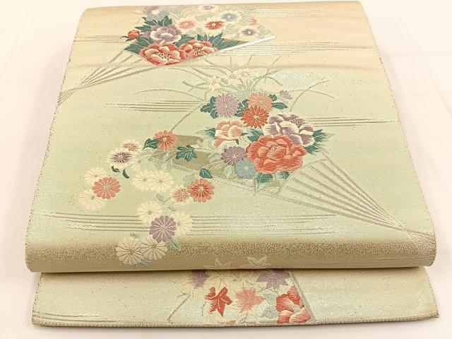 平和屋着物◎六通柄袋帯 唐織 扇面花文 九百錦 プラチナ摺箔 二重織 正絹 逸品 未使用 BAAV2998hj
