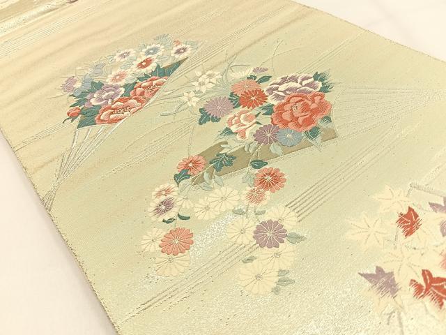 平和屋着物◎六通柄袋帯 唐織 扇面花文 九百錦 プラチナ摺箔 二重織 正絹 逸品 未使用 BAAV2998hj