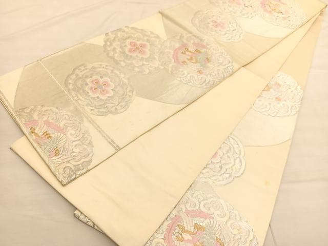 平和屋着物◎西陣 服部織物謹製 六通柄袋帯 唐織 白鳥緞子 鳳凰花文 銀糸 正絹 逸品 BAAV3018hv