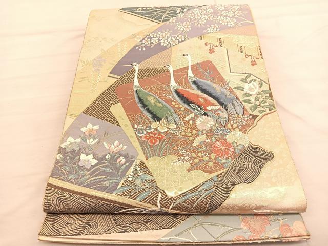 平和屋着物◎六通柄袋帯 唐織 色紙重鶴扇面 金糸 正絹 逸品 BAAV3019hv