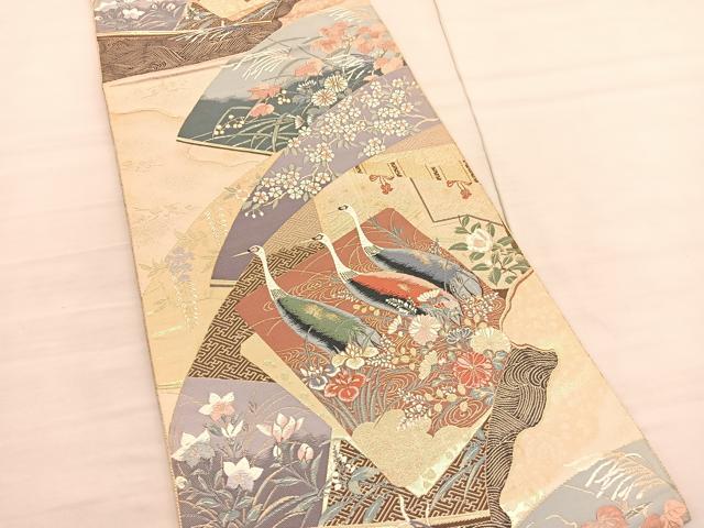 平和屋着物◎六通柄袋帯 唐織 色紙重鶴扇面 金糸 正絹 逸品 BAAV3019hv
