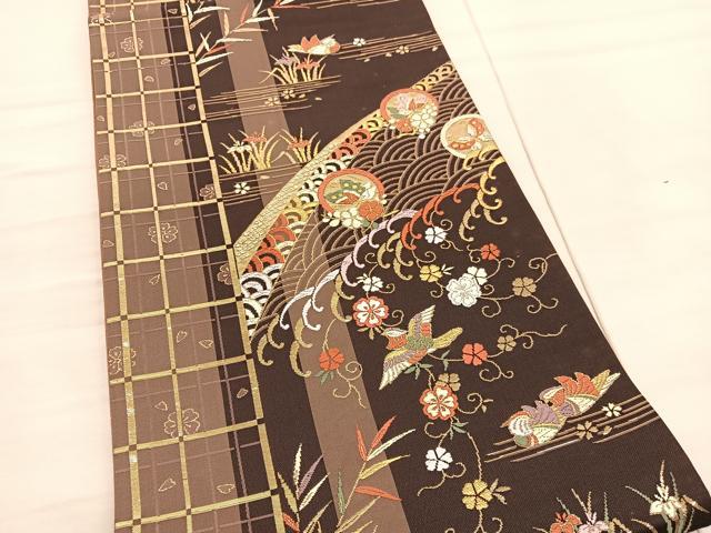 平和屋着物◎六通柄袋帯 唐織 鴛鴦立波花蝶文 金糸 正絹 逸品 BAAV3038hv
