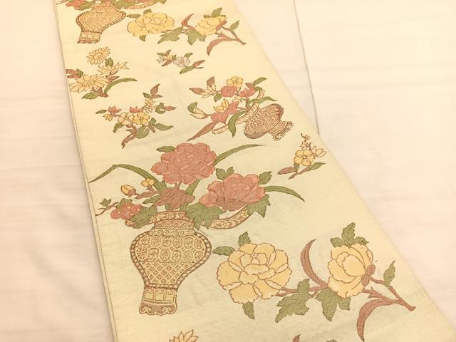 平和屋着物◎六通柄袋帯 陶器花文 金糸 正絹 逸品 BAAV3122hv