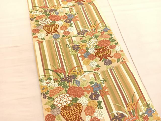 平和屋着物●六通柄袋帯 唐織 花篭文 正絹 逸品 BAAV3265hv