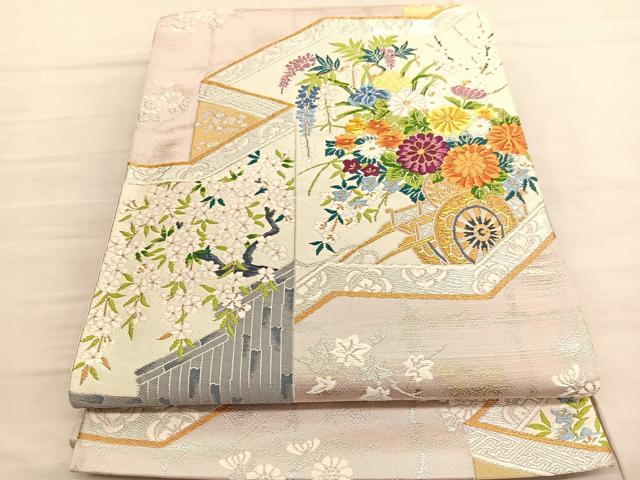 平和屋着物◎六通柄袋帯 唐織 屏風花車文 金銀糸 正絹 逸品 BAAV3290hv