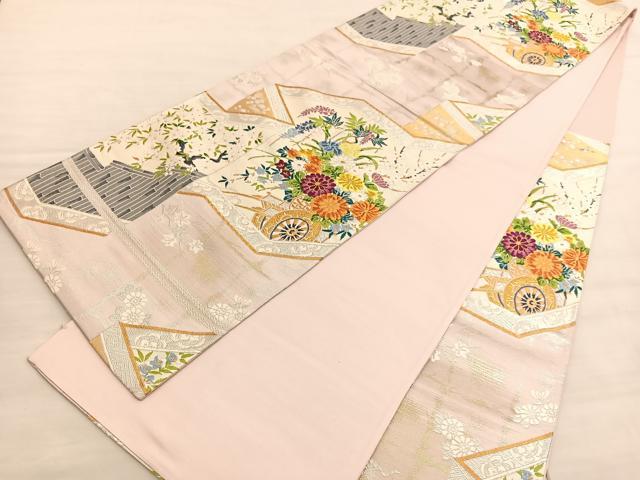 平和屋着物◎六通柄袋帯 唐織 屏風花車文 金銀糸 正絹 逸品 BAAV3290hv