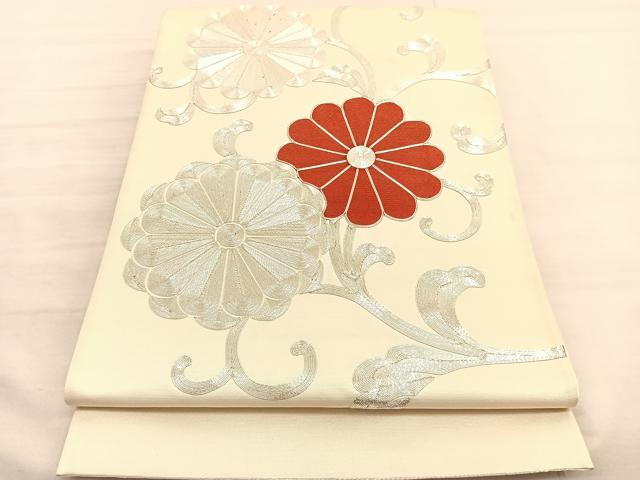 平和屋着物◎太鼓柄袋帯 総駒刺繍 花唐草文 銀糸 引箔 正絹 逸品 BAAV3292hv