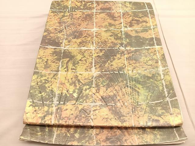 平和屋着物◎六通柄袋帯 唐織 格子草葉文 金糸 正絹 逸品 BAAV3314hv